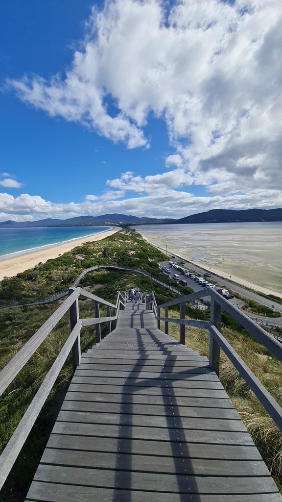 The wooden stairs leading up to Truganini Lookout on Bruny Island, overlooking the narrow sandy isthmus known as