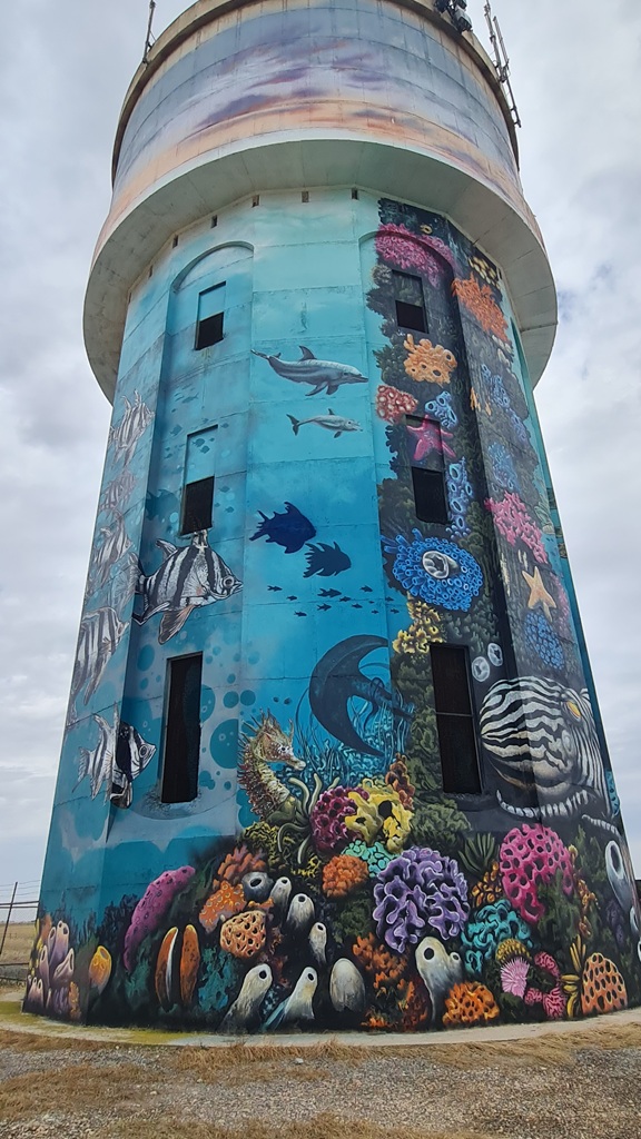 The vibrant Edithburgh Water Tower mural viewed during a Yorke Peninsula road trip, featuring a large-scale painting of local marine life including a leafy seadragon and a diving jetty scene.