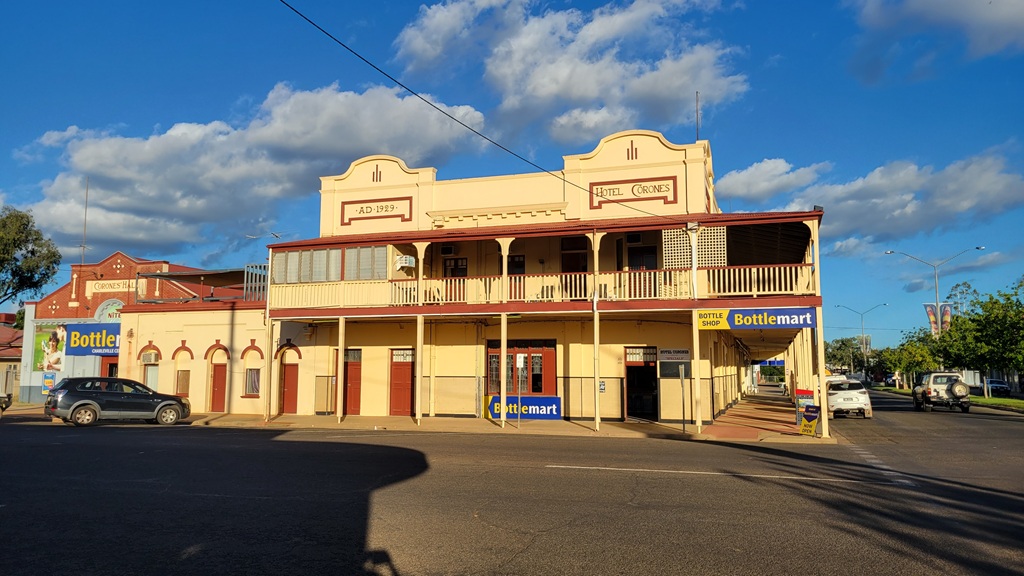 The historic heritage-listed Hotel Corones in Charleville, Queensland, featuring its iconic 1920s masonry architecture and broad street-corner footprint.