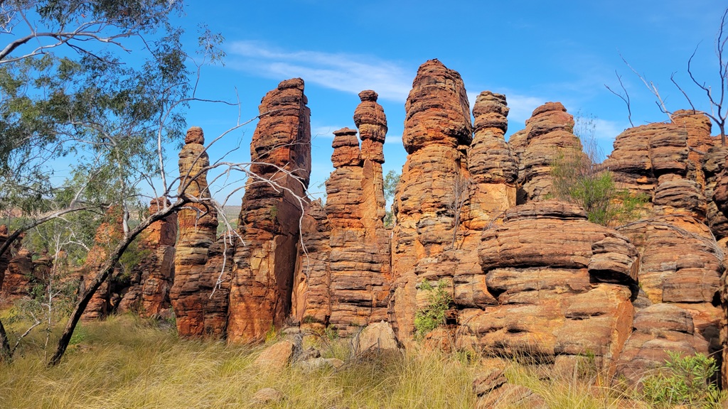 The ancient sandstone pillars of the Southern Lost City in Limmen National Park, a premier destination for Northern Territory road trips, surrounded by golden grass and outback scrub