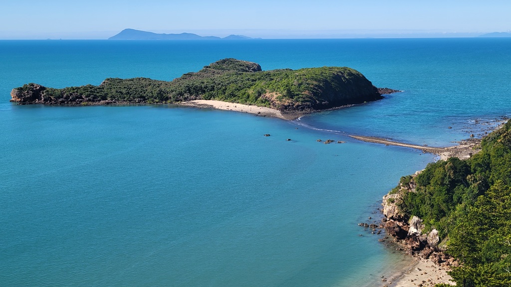 Aerial view of Wedge Island and the sandbar from Twin Beach Lookout near Cape Hillsborough and Ball Bay, Queensland.