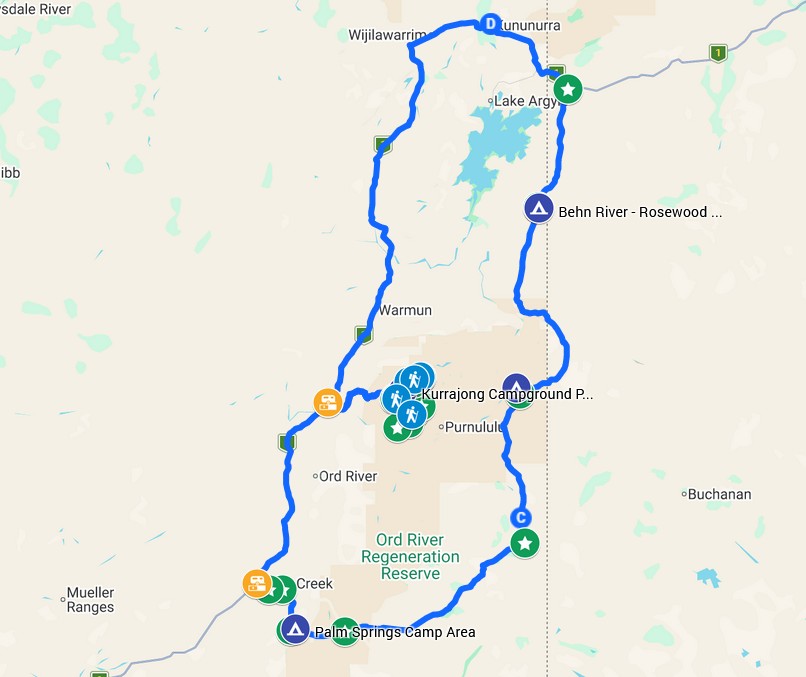 A map of a trip to the Bungle Bungles and Duncan Road.