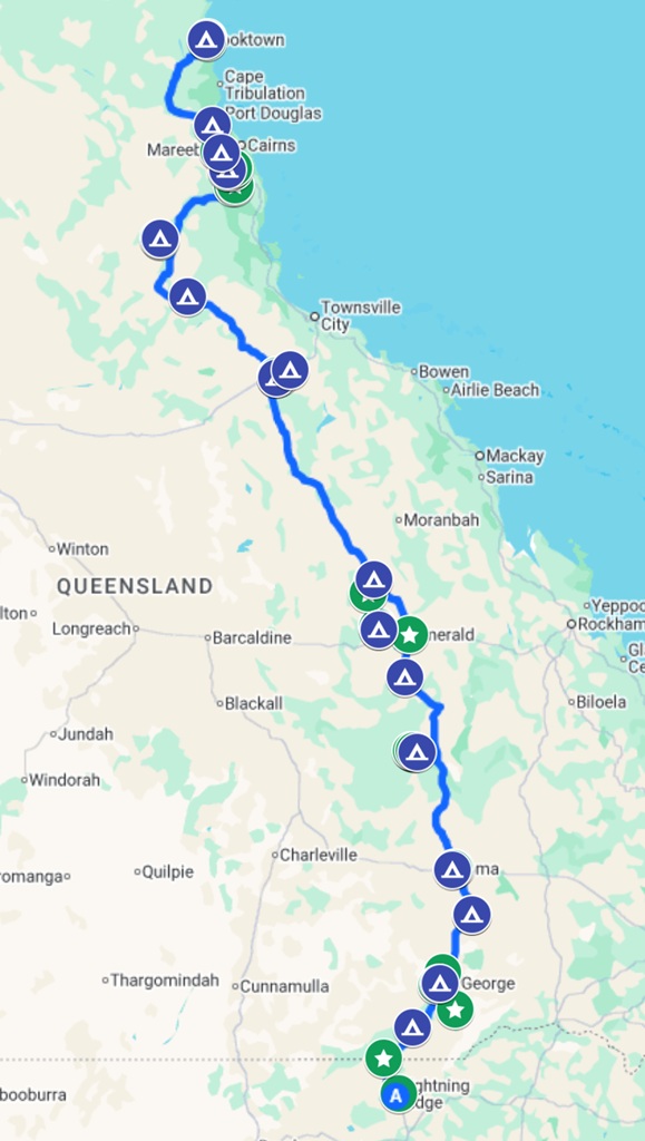 A map showing the route for a road trip along the Inland Way in Queensland