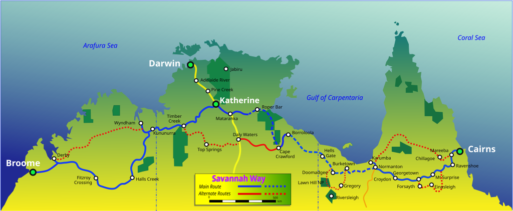 Map of the full Savannah Way road trip route, stretching 3,500 kilometres across northern Australia from Cairns in Queensland, through the Northern Territory, to Broome in Western Australia.