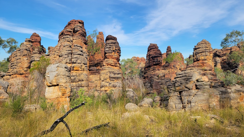 The weathered sandstone pillars and layered rock formations of the Southern Lost City in Limmen National Park, Northern Territory.