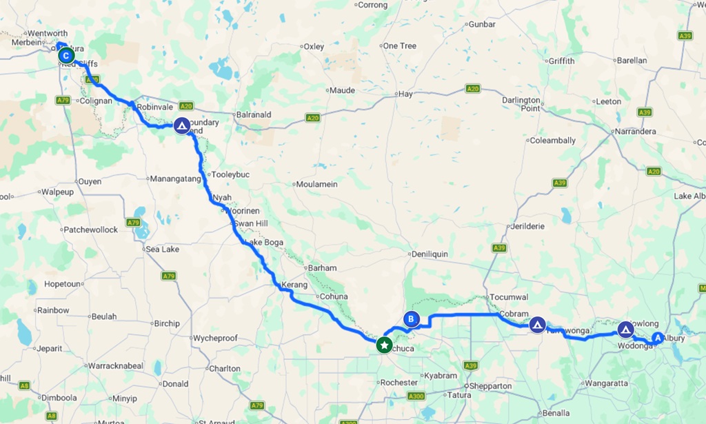 A map showing the route of a Murray River Road Trip.