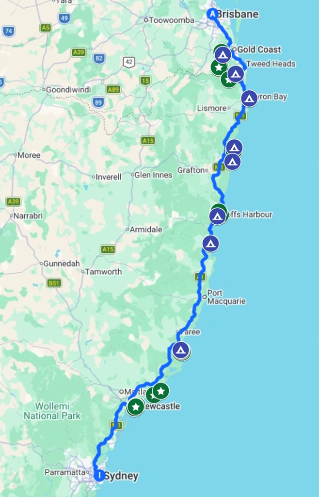 Brisbane to Sydney Road Trip map