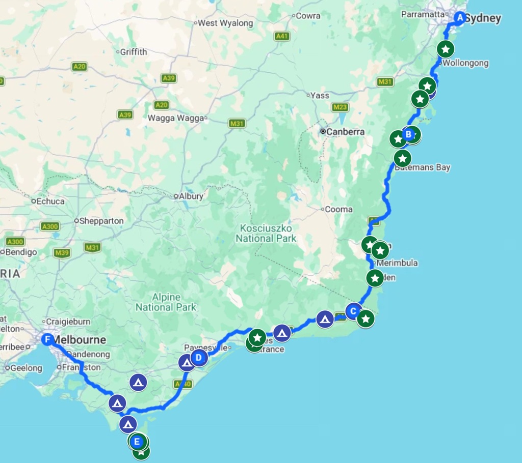 Map showing the coastal route from Sydney to Melbourne
