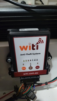 WiTi Anti-Theft system installed inside an off-road hybrid caravan, wired directly to the 12V electrical board and electric brake system for active anti-theft protection.