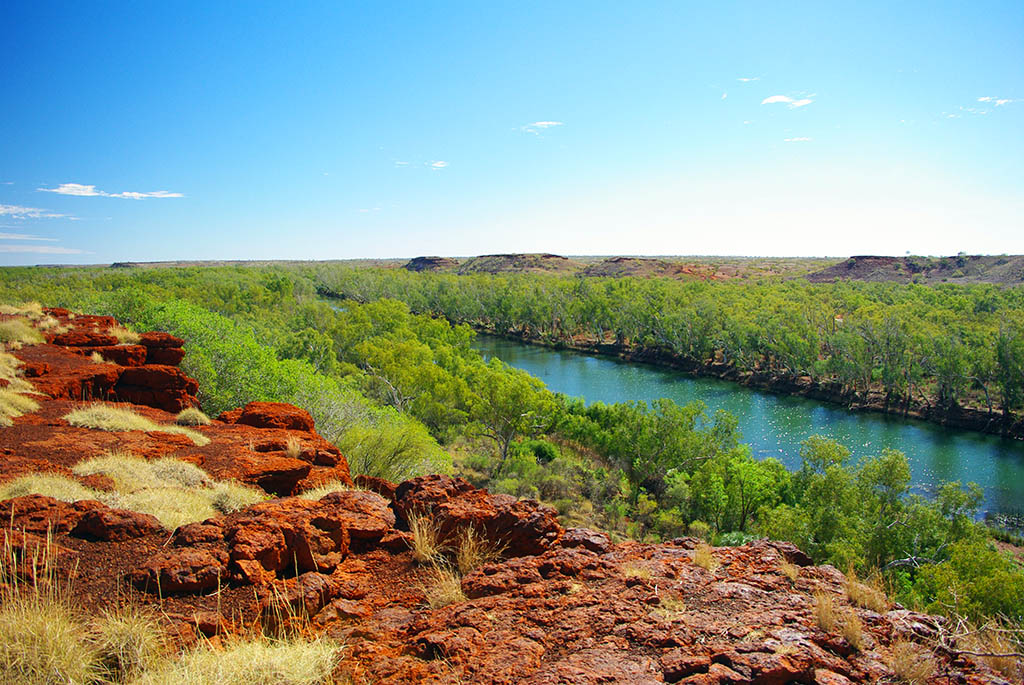 Elevated view over Deep Reach Pool and paperbark-lined Fortescue River in Millstream Chichester