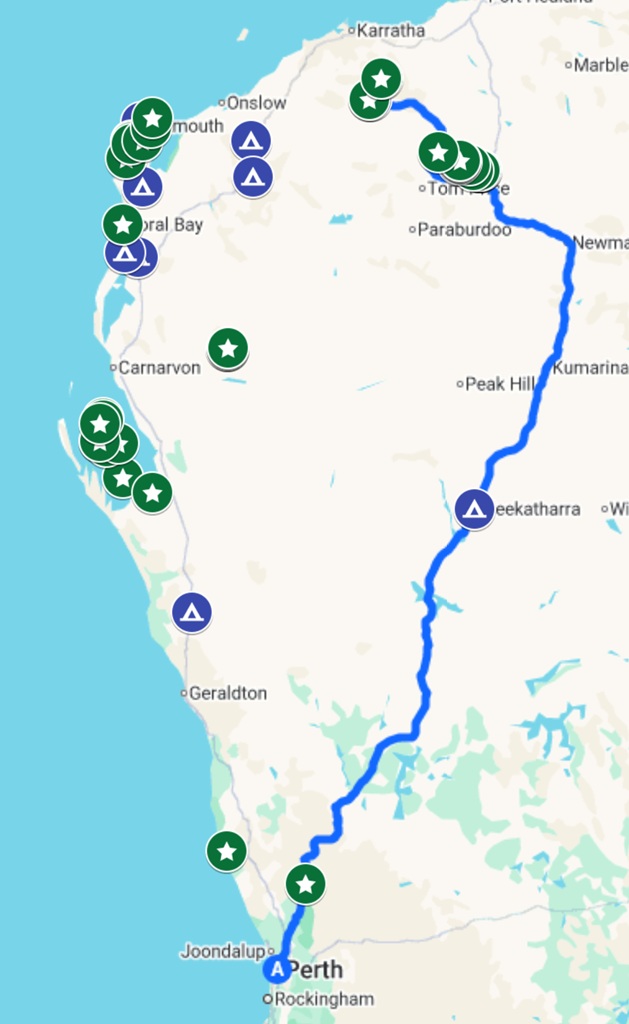 Map of Perth to Karijini and Millstream Itinerary