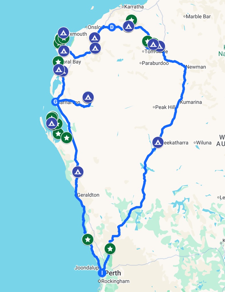 Map showing the Pilbara and Coral Coast Loop route