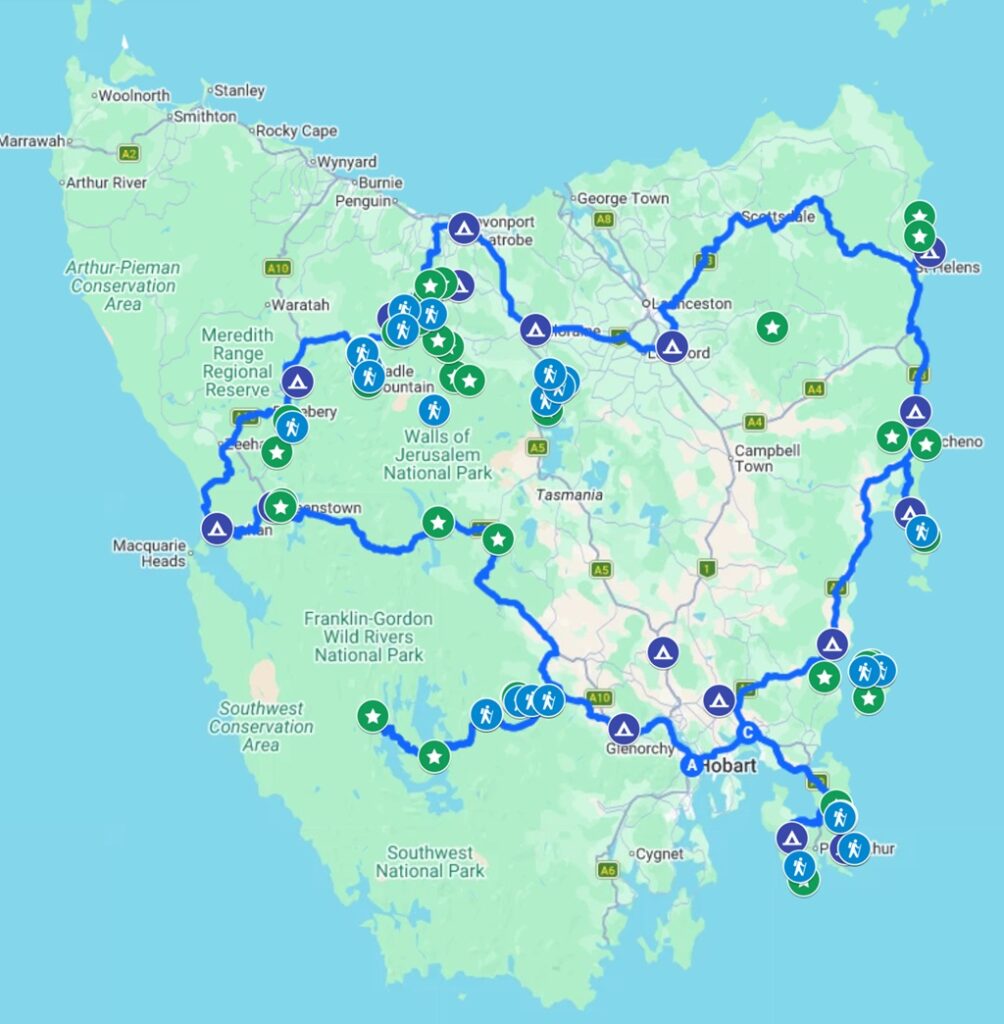Map showing the route of a 28 day lap of Tasmania road trip