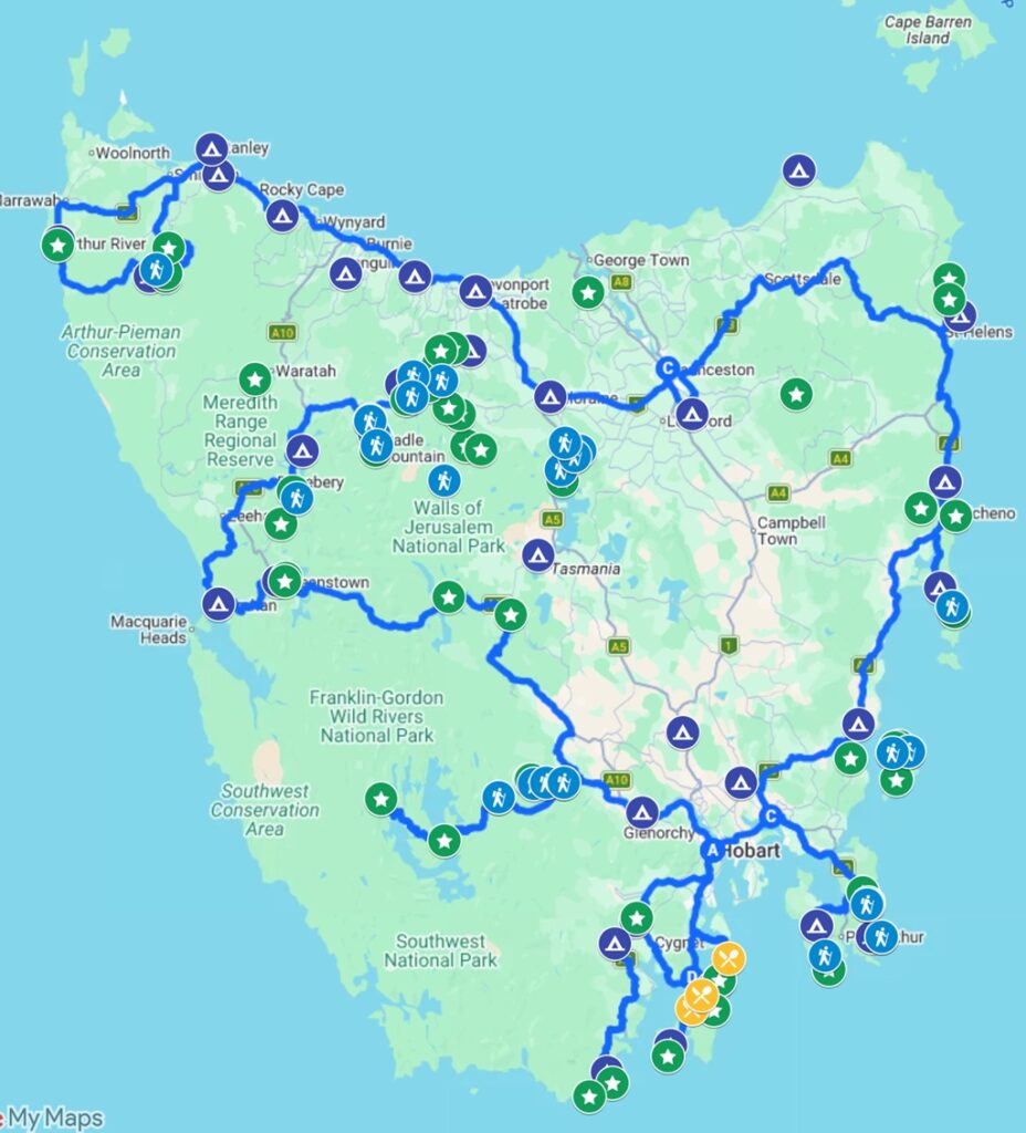 Map showing the route of a  6 week lap of Tasmania road trip